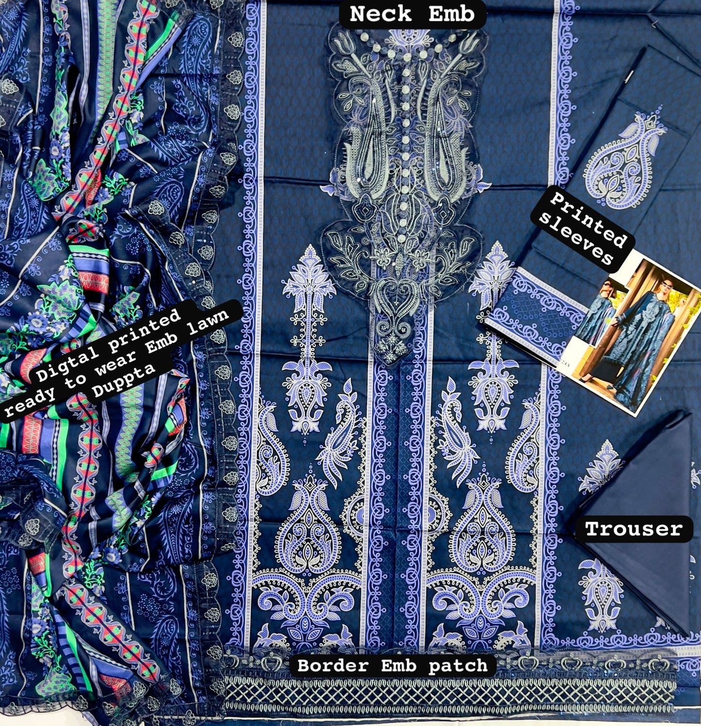 3Pcs Digital Printed + Embroidery Lawn Unstitched Suit