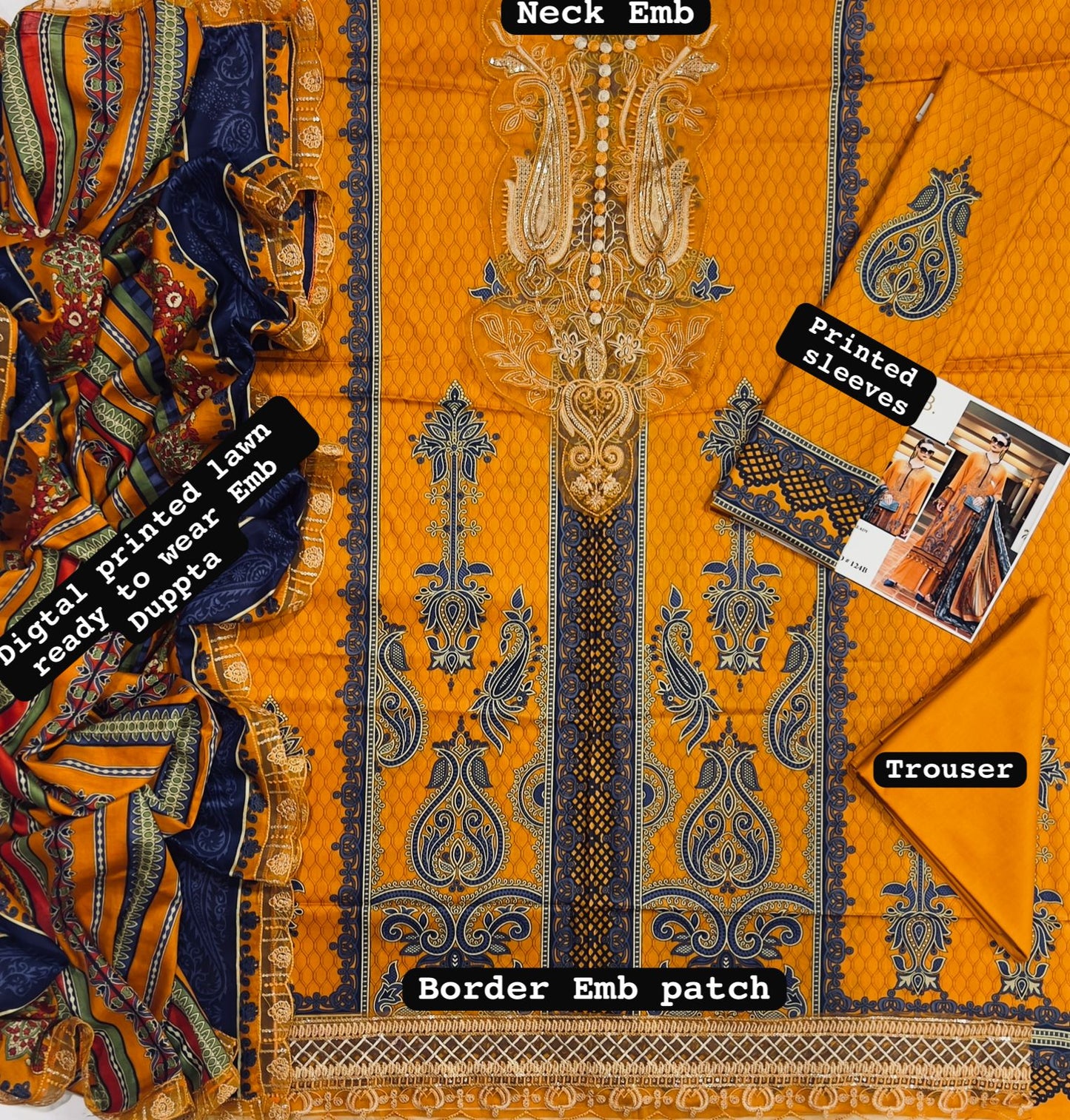 3Pcs Digital Printed+ Embroidery Lawn Unstitched Suit